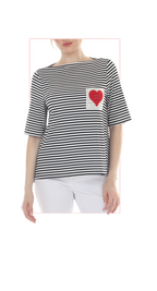 T5608  BLACK AND WHITE BOAT NECK TOP WITH HEART APPLIQUE AND ELBOW LENGHT SLEEVES