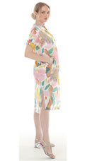 T5610 MID-LENGTH SHORT-SLEEVE TUNIC/SHIFT STYLE DRESS WITH A PARTIAL BUTTON-UP NECKLINE AND POCKETS