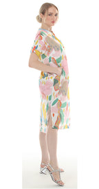 T5610 MID-LENGTH SHORT-SLEEVE TUNIC/SHIFT STYLE DRESS WITH A PARTIAL BUTTON-UP NECKLINE AND POCKETS