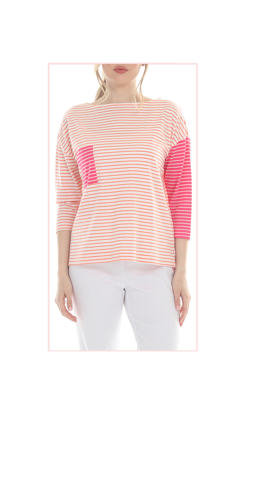 T5637 3/4 SLEEVE STRIPED PULLOVER BLOUSE WITH BOAT-NECK