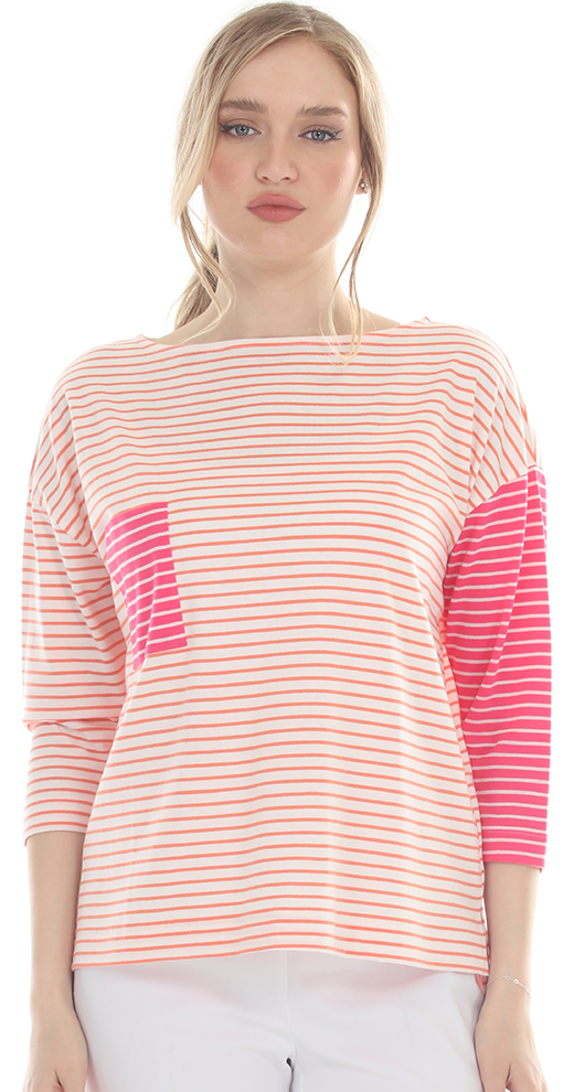 T5637 3/4 SLEEVE STRIPED PULLOVER BLOUSE WITH BOAT-NECK