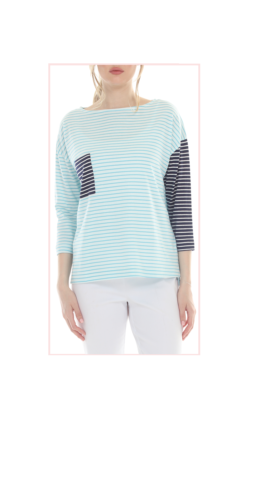 T5637 3/4 SLEEVE STRIPED PULLOVER BLOUSE WITH BOAT-NECK
