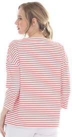 T5640  3/4 SLEEVE STRIPED BOAT NECK PULLOVER WITH A DROPPED SHOULDER.
