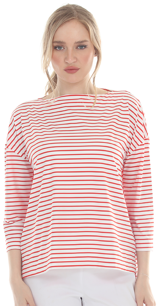 T5640  3/4 SLEEVE STRIPED BOAT NECK PULLOVER WITH A DROPPED SHOULDER.
