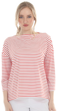 T5640  3/4 SLEEVE STRIPED BOAT NECK PULLOVER WITH A DROPPED SHOULDER.