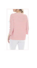 T5640  3/4 SLEEVE STRIPED BOAT NECK PULLOVER WITH A DROPPED SHOULDER.