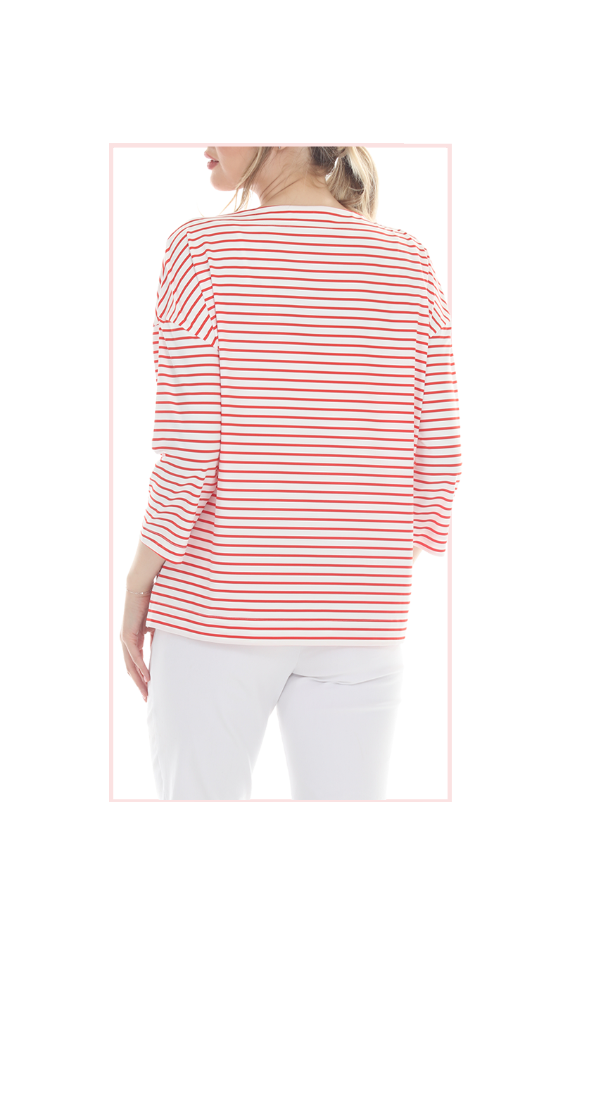 T5640  3/4 SLEEVE STRIPED BOAT NECK PULLOVER WITH A DROPPED SHOULDER.