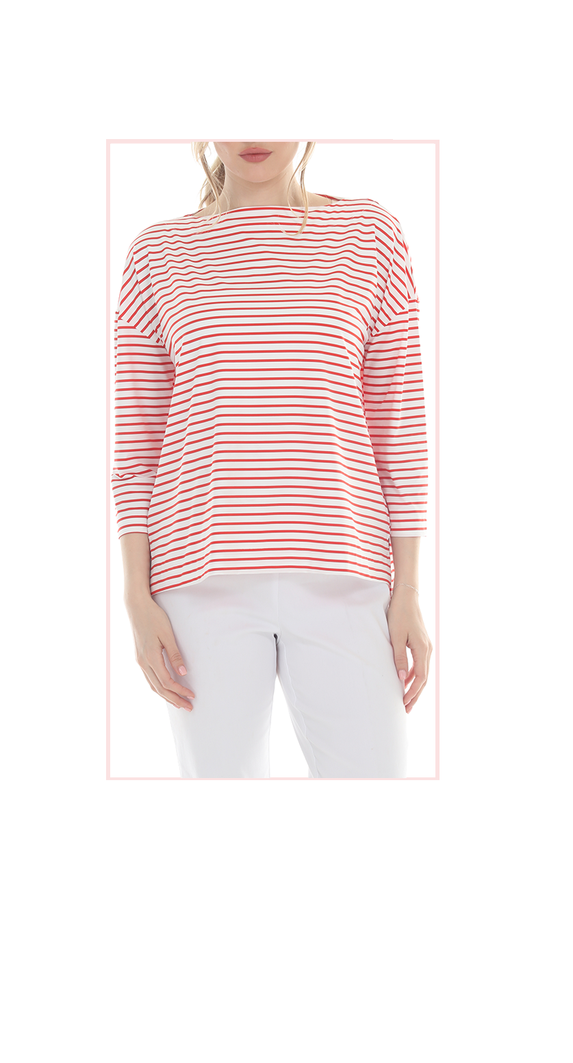 T5640  3/4 SLEEVE STRIPED BOAT NECK PULLOVER WITH A DROPPED SHOULDER.