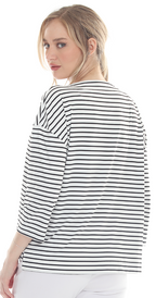 T5640  3/4 SLEEVE STRIPED BOAT NECK PULLOVER WITH A DROPPED SHOULDER.