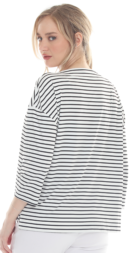 T5640  3/4 SLEEVE STRIPED BOAT NECK PULLOVER WITH A DROPPED SHOULDER.