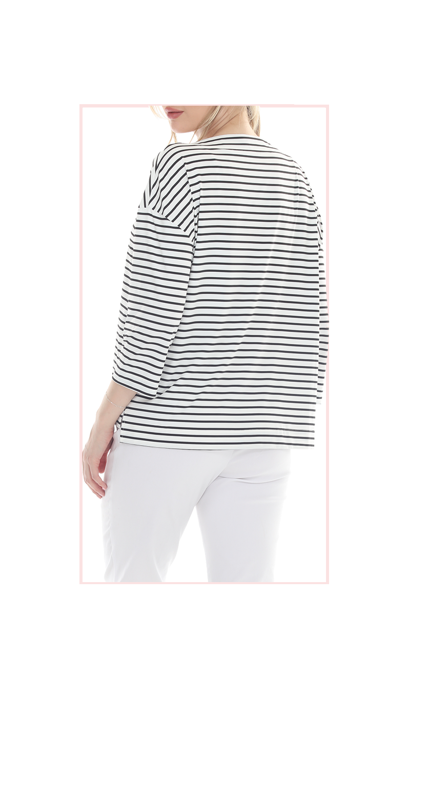 T5640  3/4 SLEEVE STRIPED BOAT NECK PULLOVER WITH A DROPPED SHOULDER.