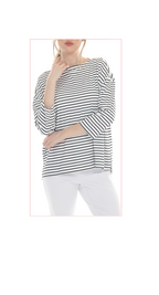 T5640  3/4 SLEEVE STRIPED BOAT NECK PULLOVER WITH A DROPPED SHOULDER.