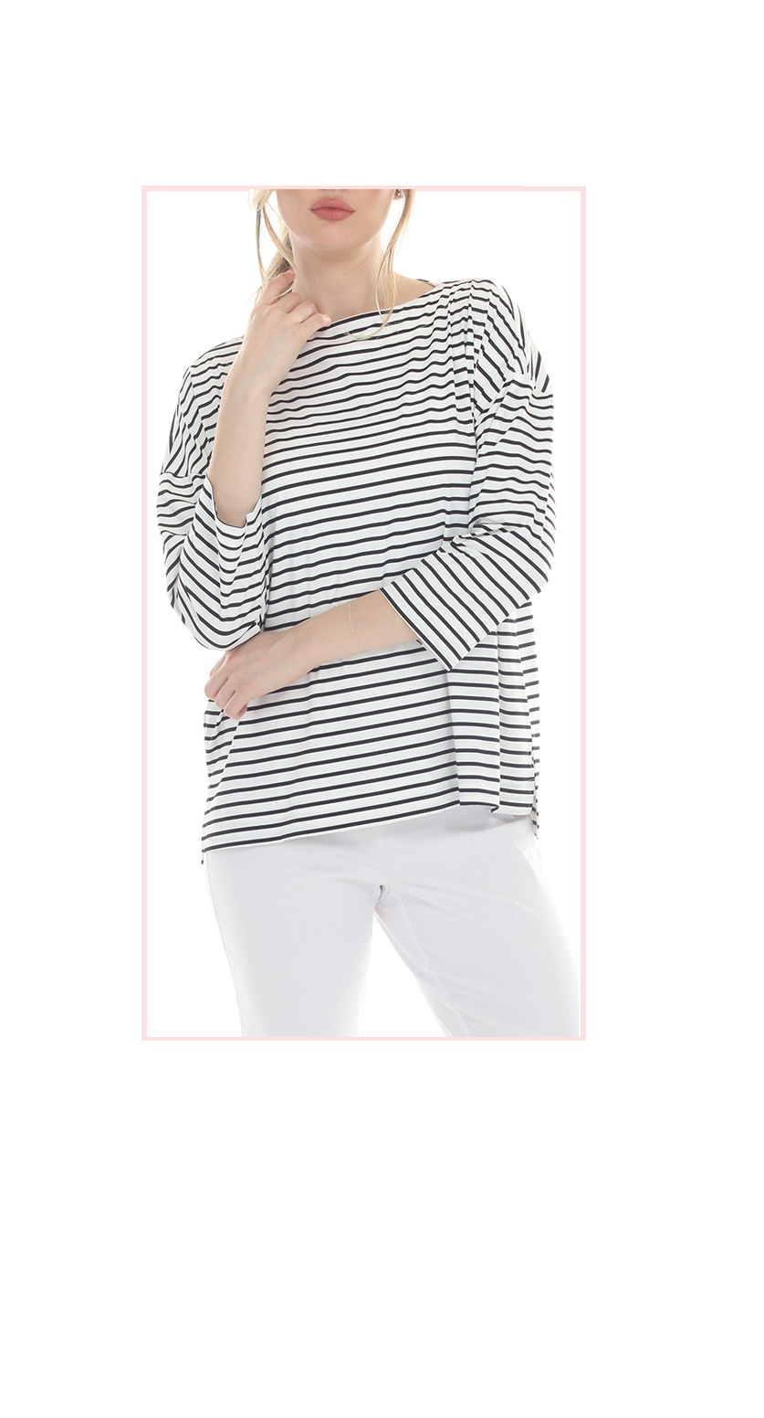 T5640  3/4 SLEEVE STRIPED BOAT NECK PULLOVER WITH A DROPPED SHOULDER.