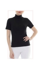 Woman wearing TERRA black short-sleeve turtleneck top, rear view