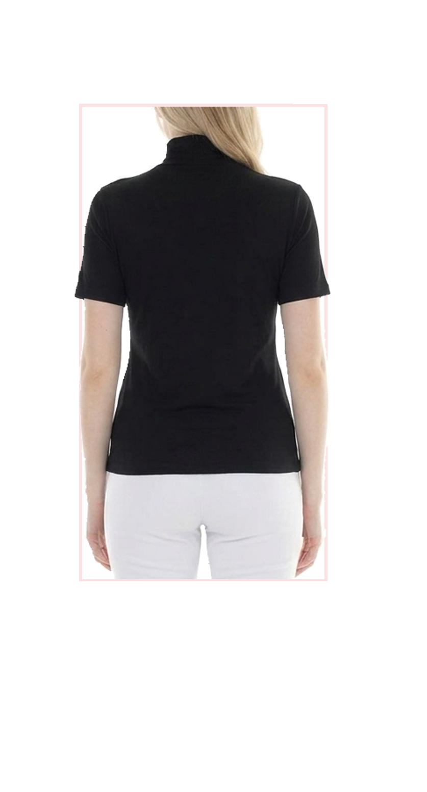 Woman wearing TERRA black short-sleeve turtleneck top, rear view