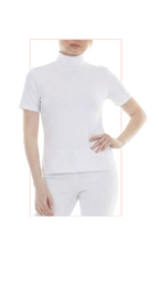 Woman wearing TERRA white short-sleeve turtleneck top, front view