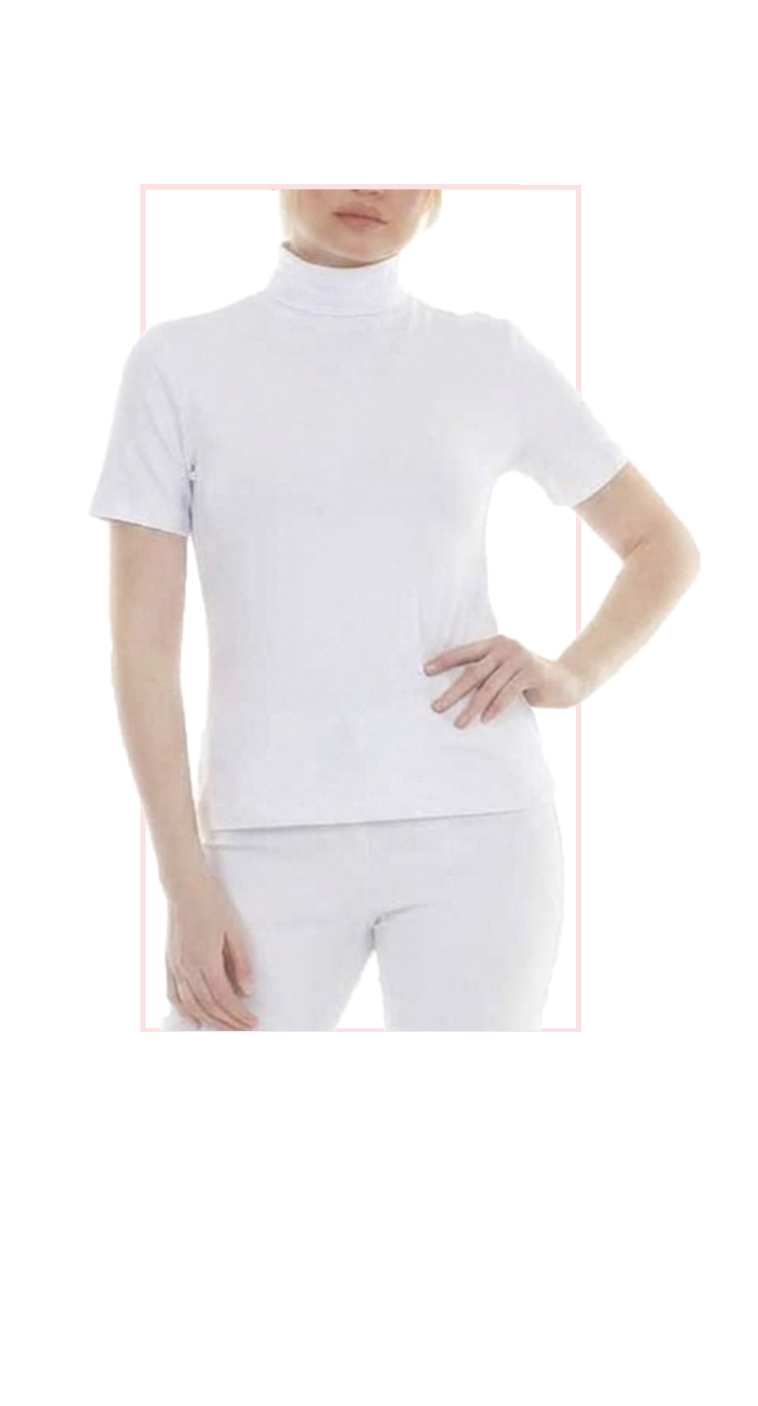Woman wearing TERRA white short-sleeve turtleneck top, front view