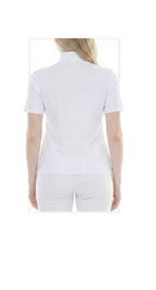 Woman wearing TERRA white short-sleeve turtleneck top, rear view