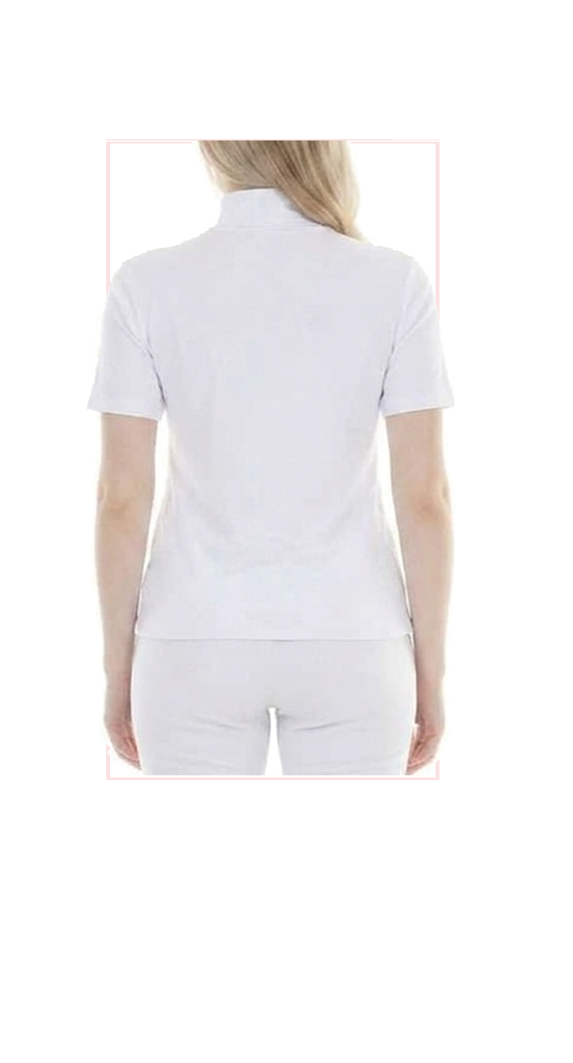 Woman wearing TERRA white short-sleeve turtleneck top, rear view