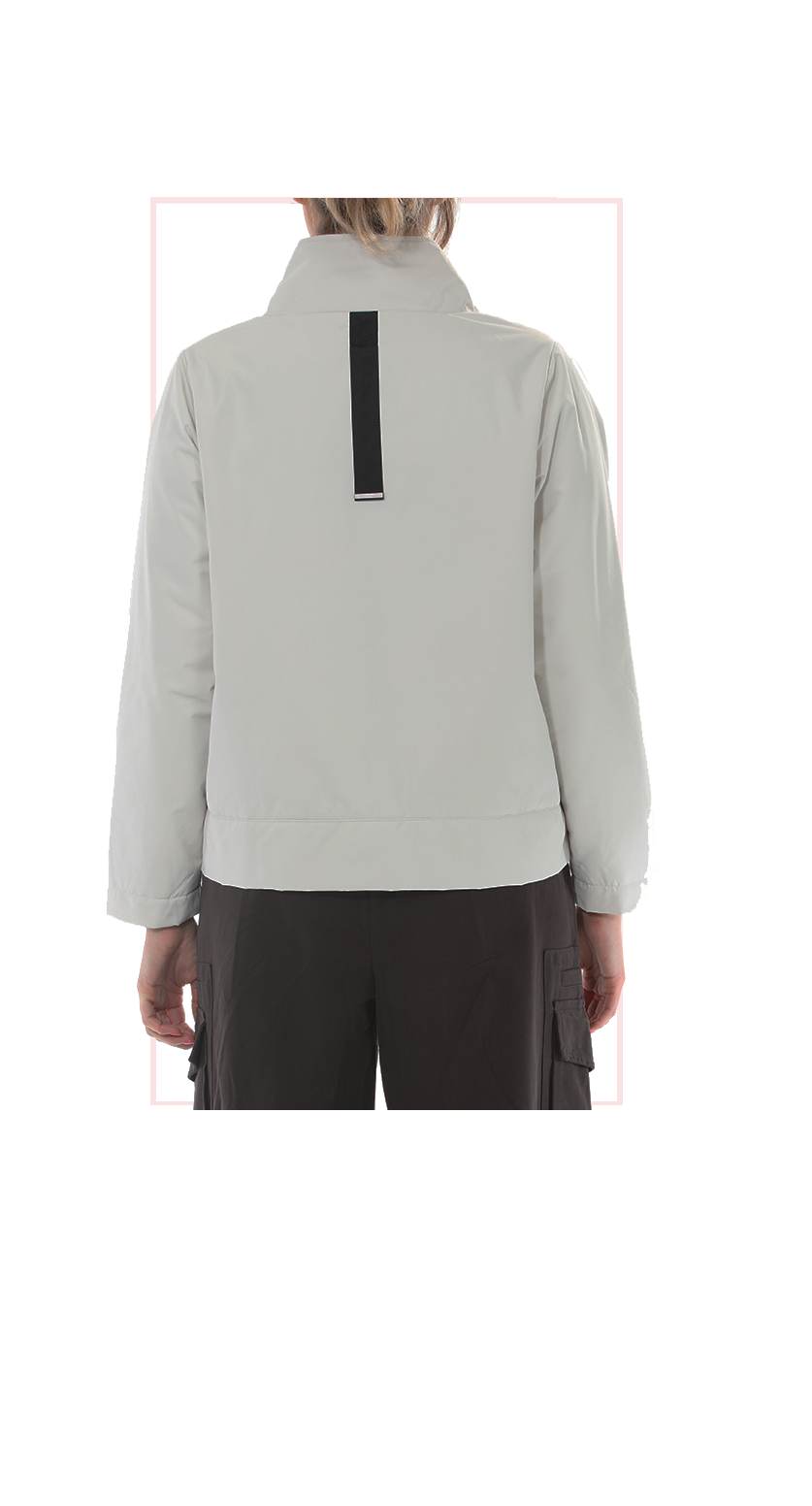 TERRA women's ivory asymmetric zip jacket with black contrast trim, rear view