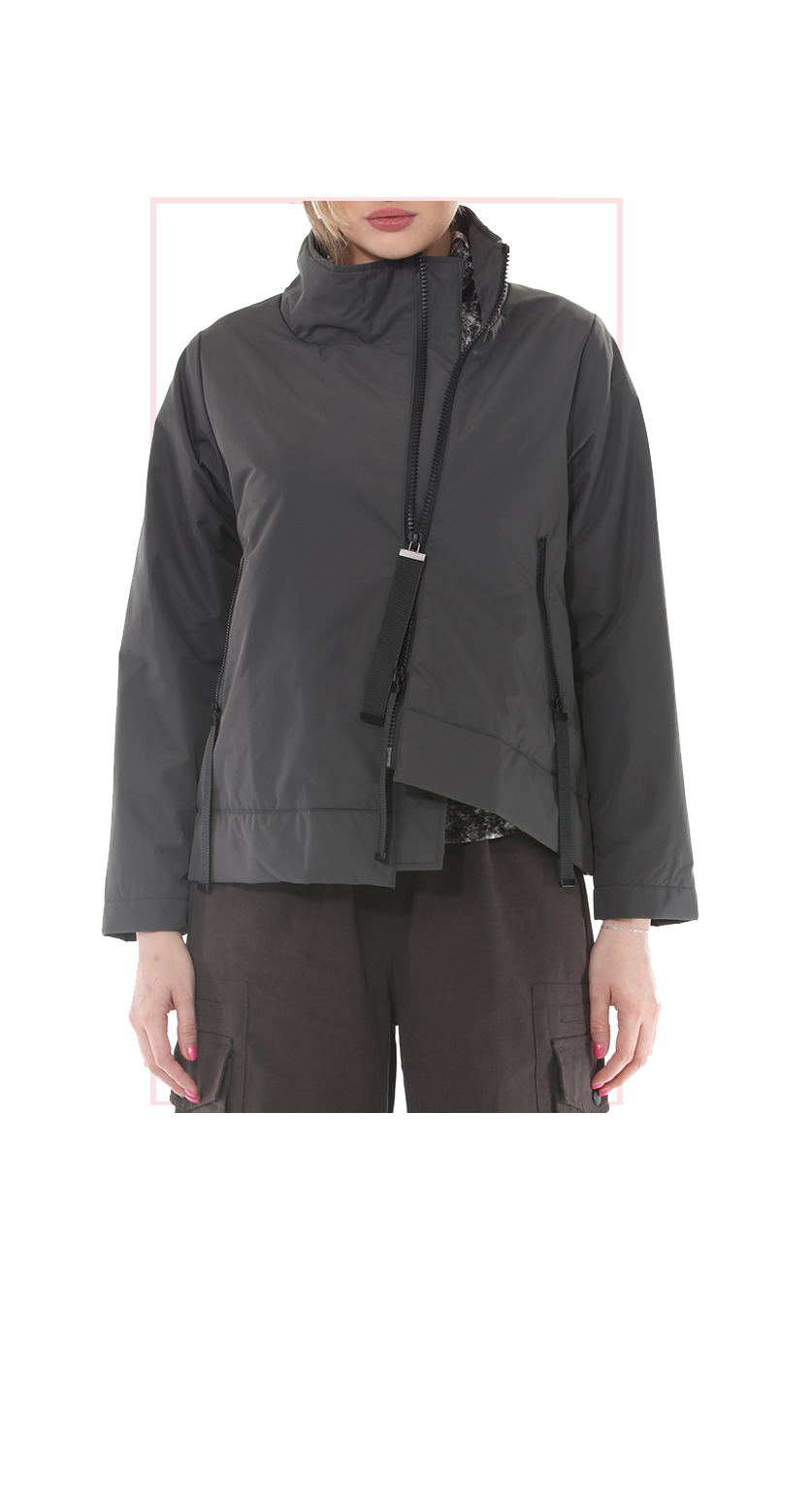 TERRA women's midnight (dark gray) asymmetric zip jacket with black contrast trim, front view