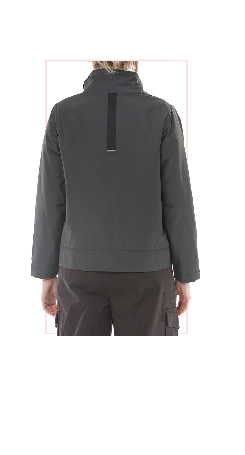 TERRA women's midnight (dark gray) asymmetric zip jacket with black contrast trim, rear view