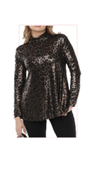 Woman wearing a TERRA leopard print long-sleeve top 