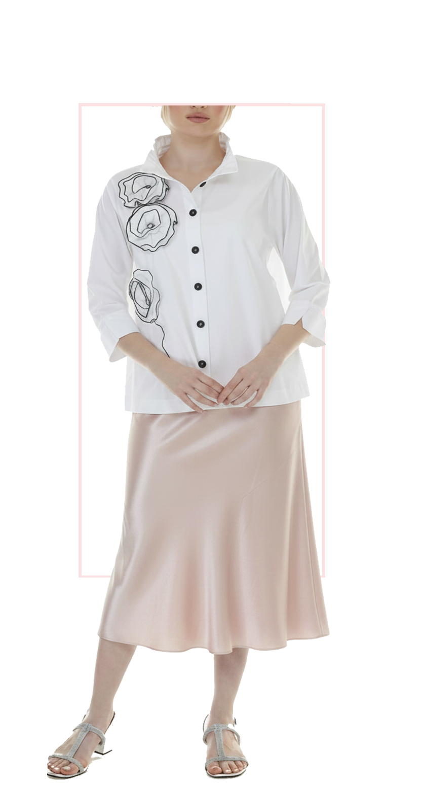 Woman wearing TERRA cgampagne satin A-line maxi skirt, front view