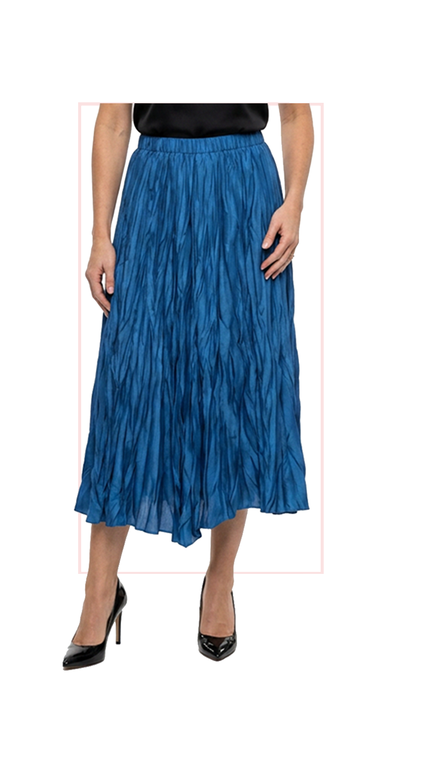 Woman wearing TERRA blue pleated midi skirt, front view