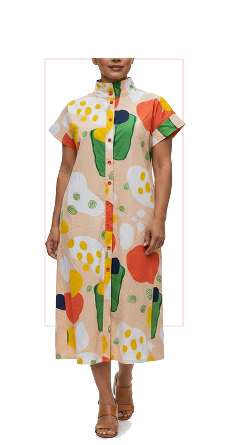 Woman wearing TERRA watercolor abstract print short-sleeve midi dress, front view