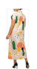Woman wearing TERRA watercolor abstract print short-sleeve midi dress, rear view