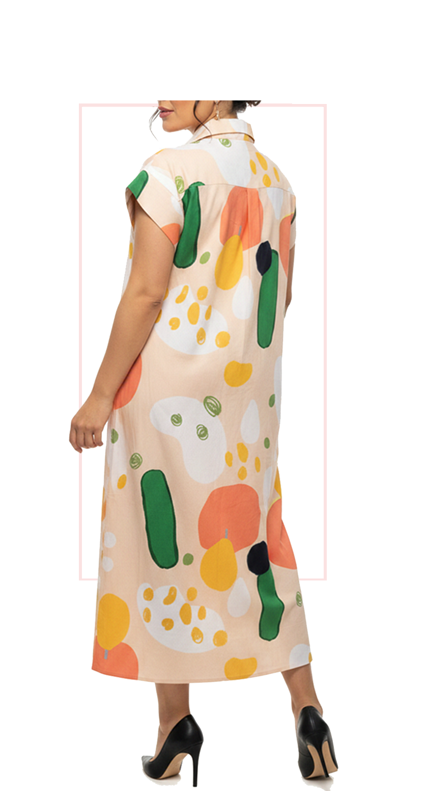 Woman wearing TERRA watercolor abstract print short-sleeve midi dress, rear view