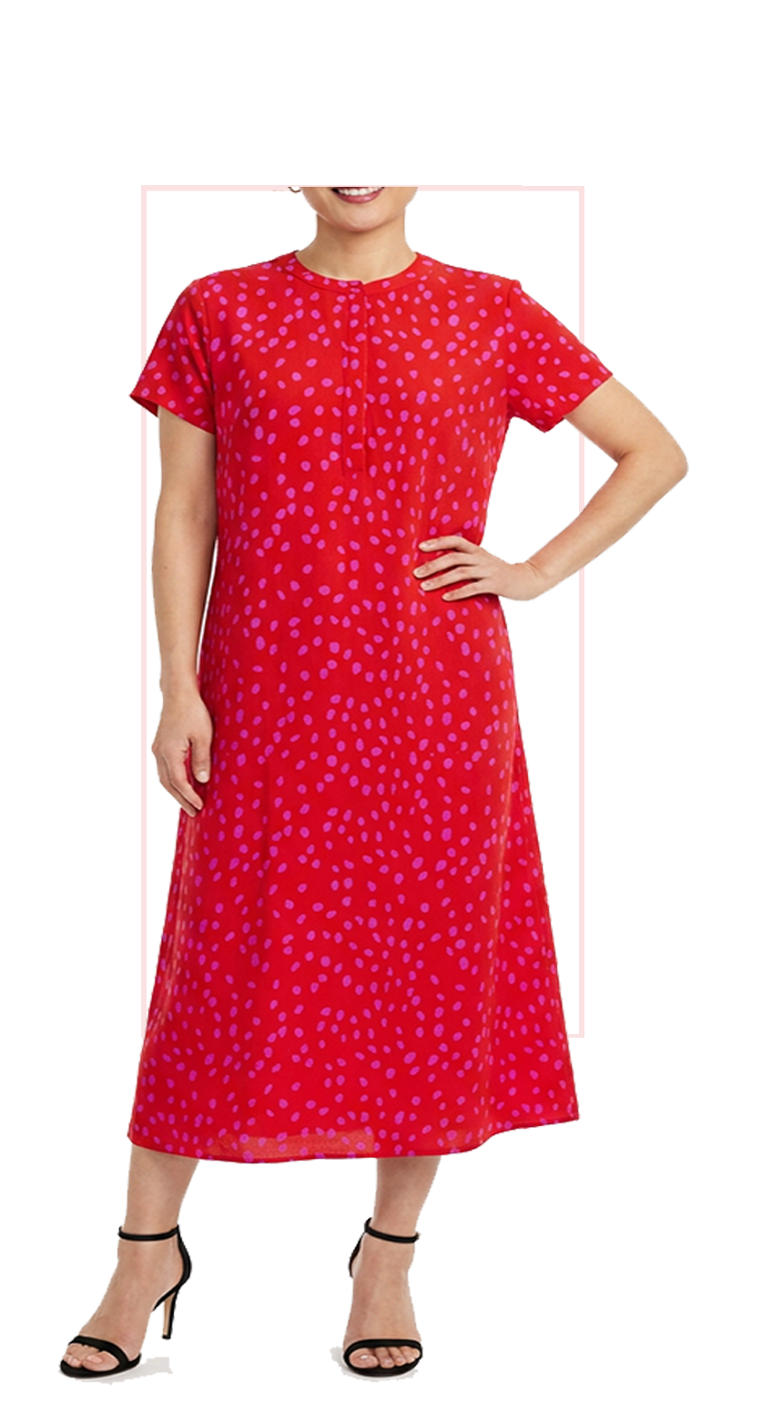 Woman wearing TERRA red and pink dot-print short-sleeve midi dress, front view