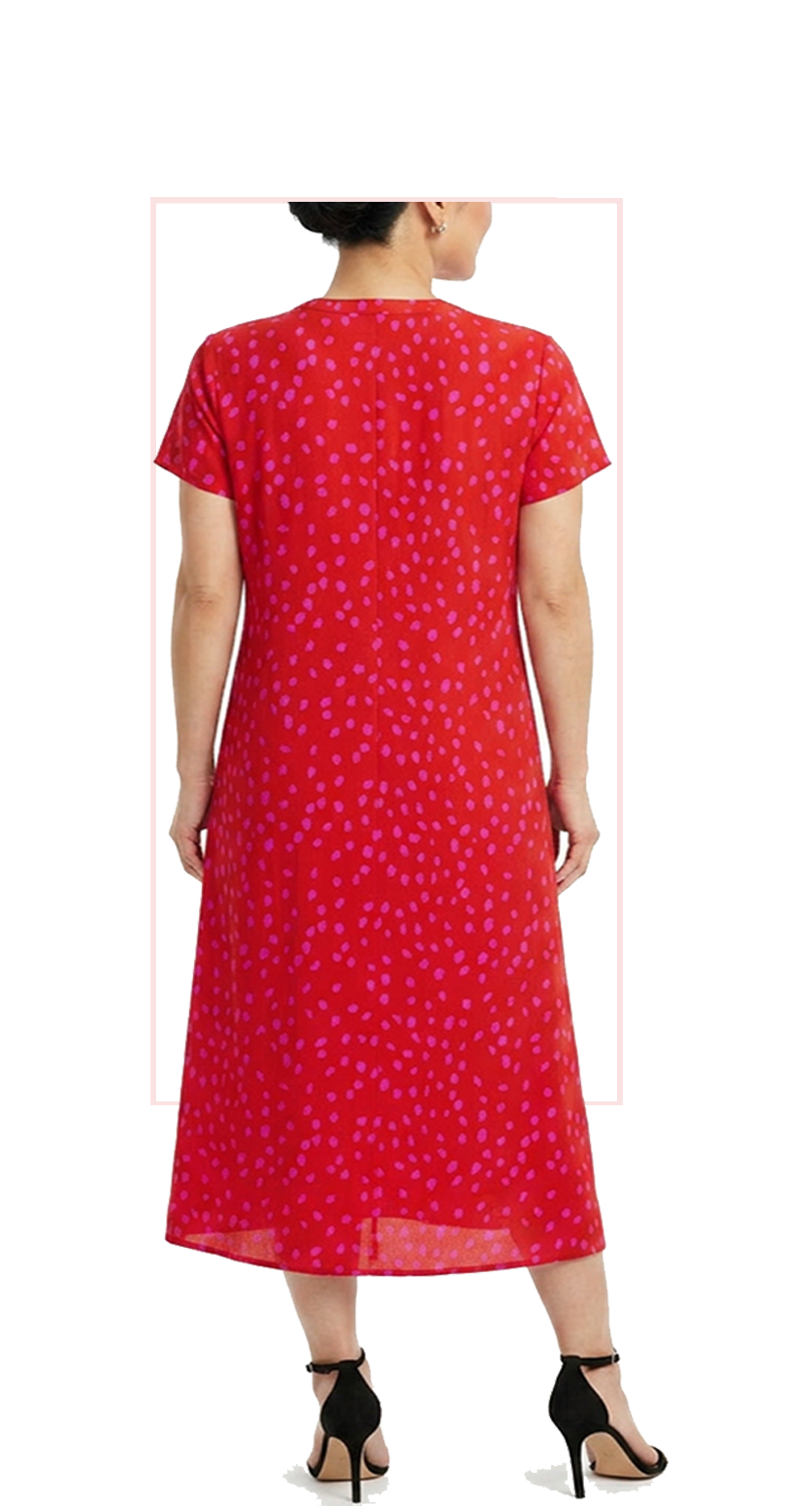 Woman wearing TERRA red and pink dot-print short-sleeve midi dress, front view
