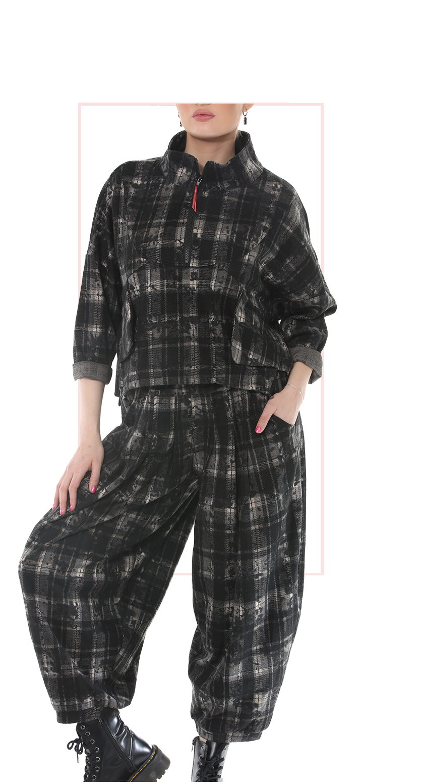 TF-4716: Women's Plaid Half-Zip Top & Relaxed-Fit Pants Set