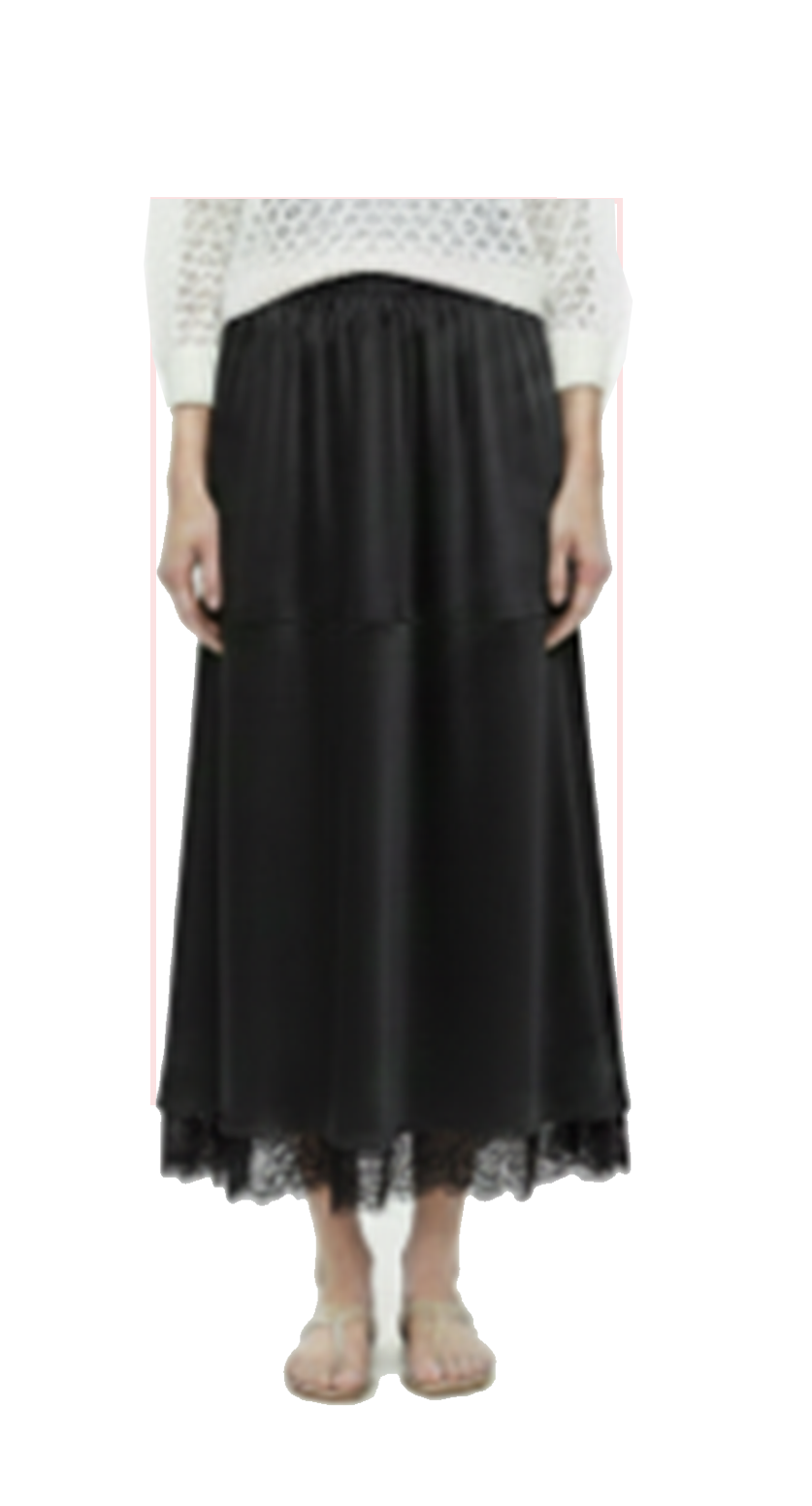TT-7178 #1-ivory, #2-blue, #3-black :  ankle length skirt with lace trim at the hem
