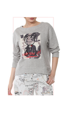 woman wearing gray sweatshirt with gray print pants on white background