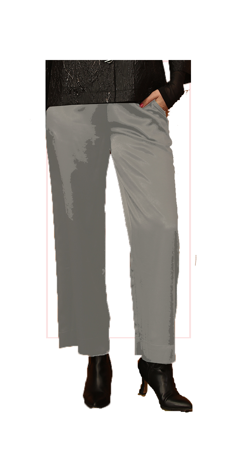 taupe pants worn by a woman on a white background