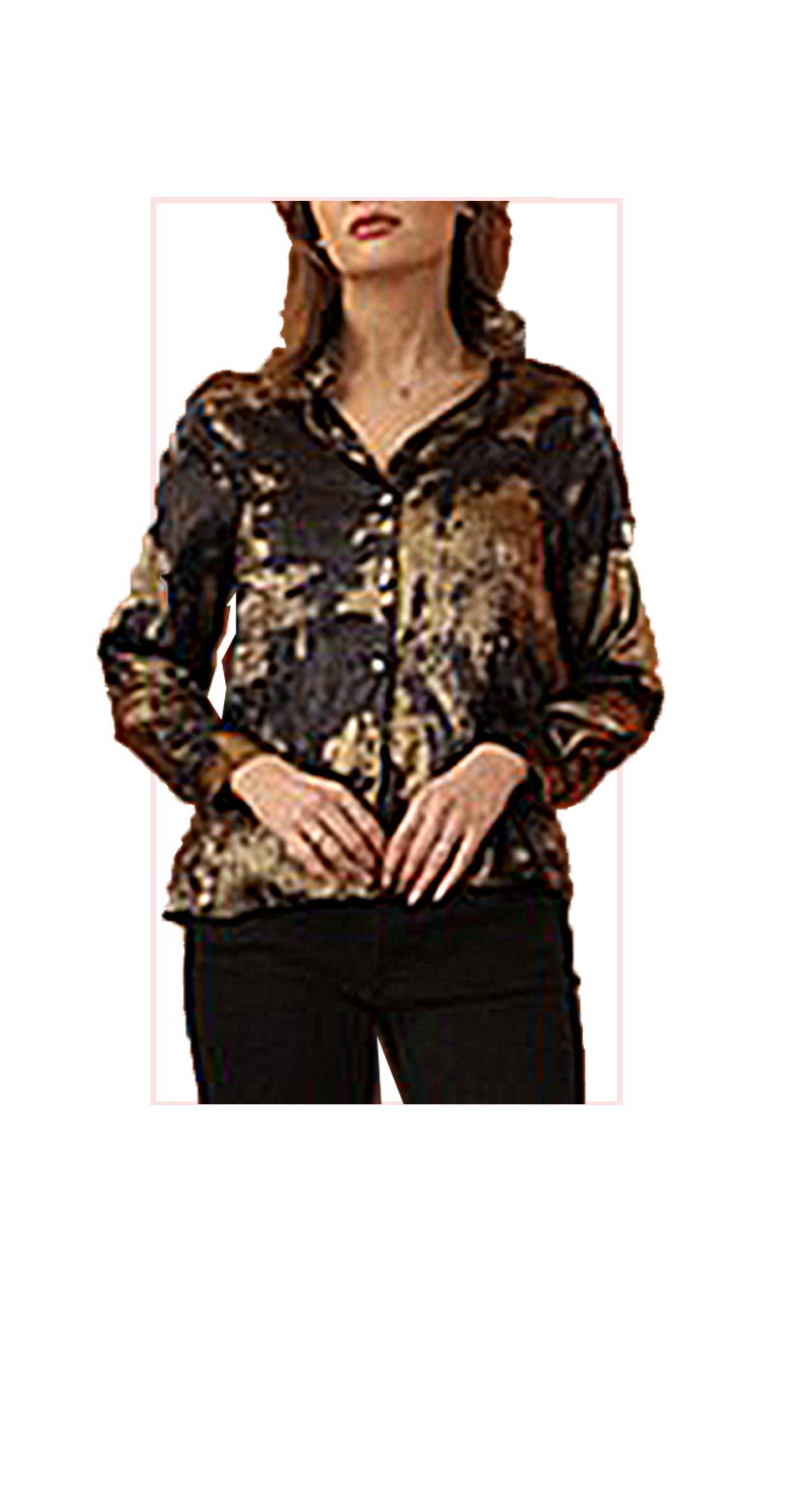 womens wearing longsleeve floral print button down blouse with dark pants on a white background