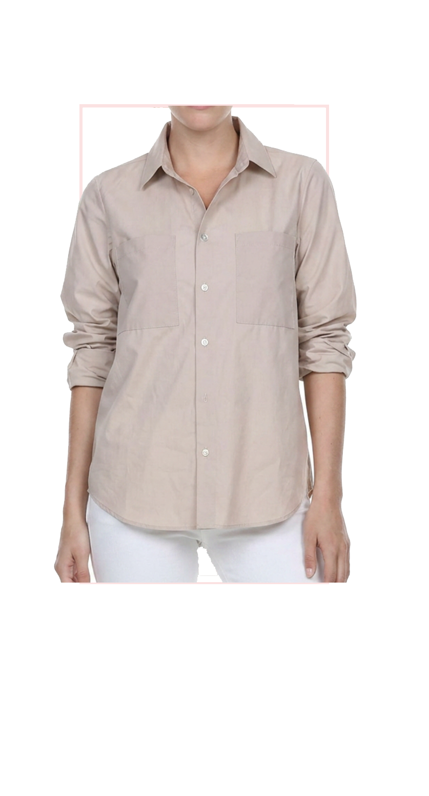 khaki button-up shirt worn by a person on a white background