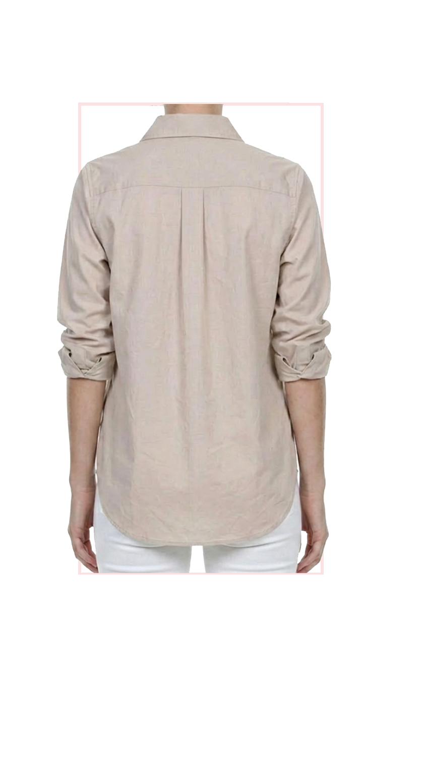 khaki shirt worn by a person on a white background