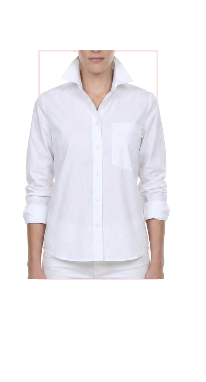 woman wearing a white longsleeved collared shirt on a white background