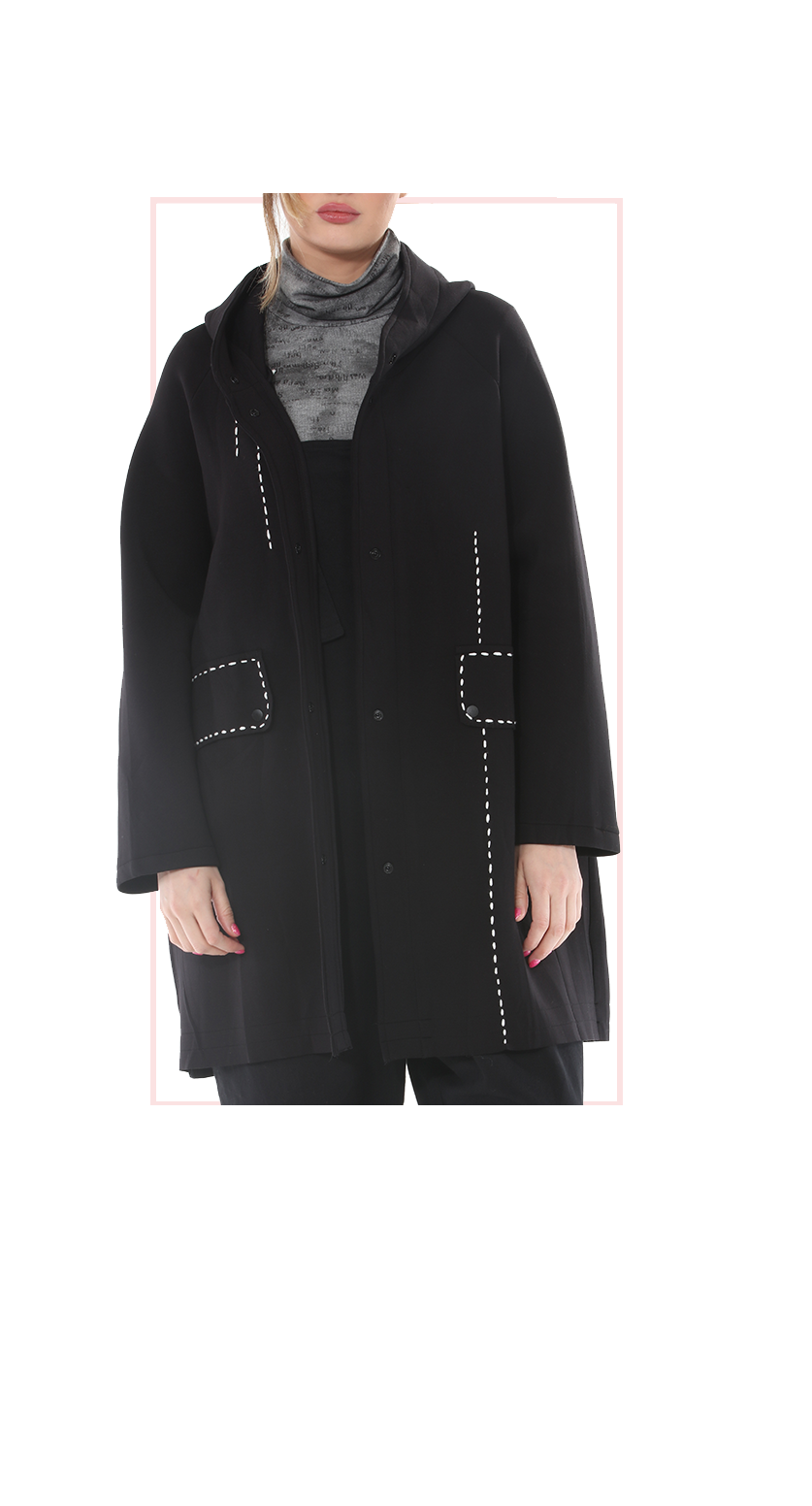 TF-4735: Black Contrast-Stitch Hooded  Coat