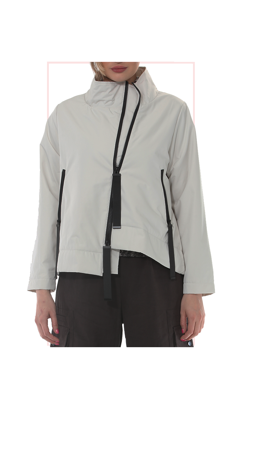 T2-4737: Contrast-Trim Asymmetric Zip Jacket
