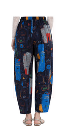 T1-7162 #1-blue : barrel pants with fun print