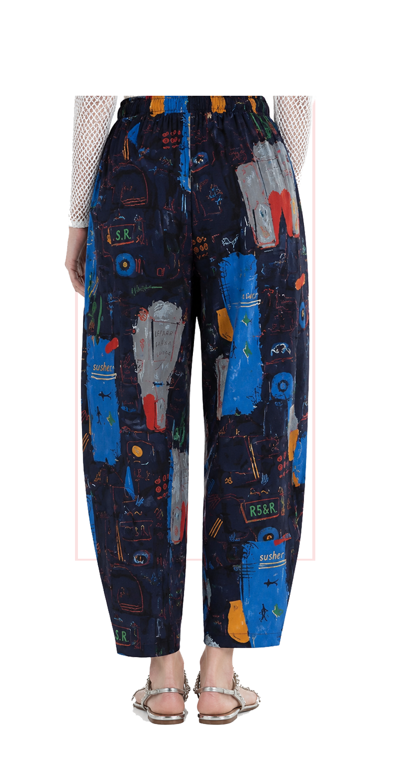 T1-7162 #1-blue : barrel pants with fun print
