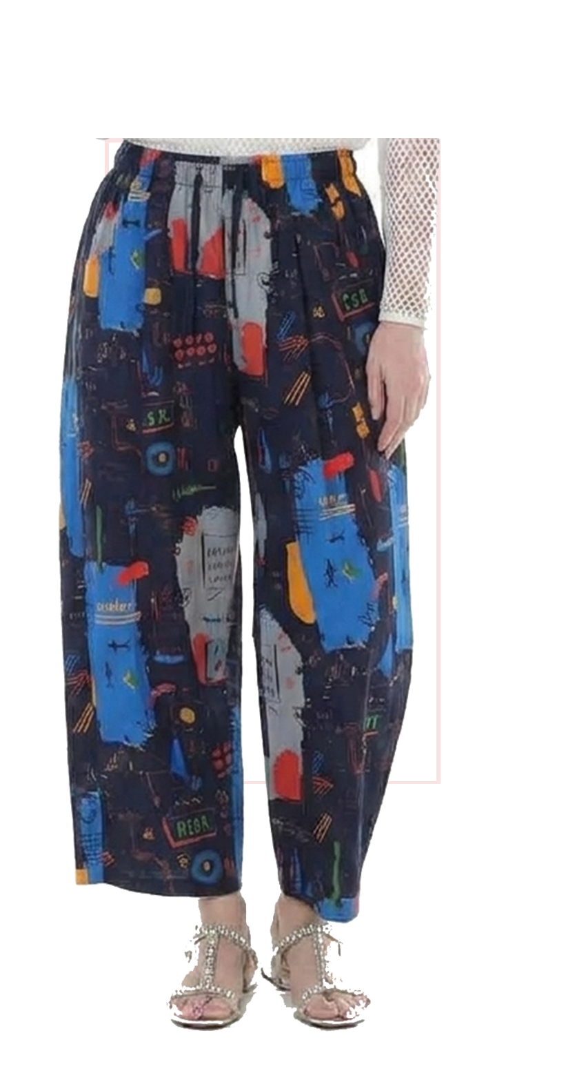 T1-7162 #1-blue : barrel pants with fun print