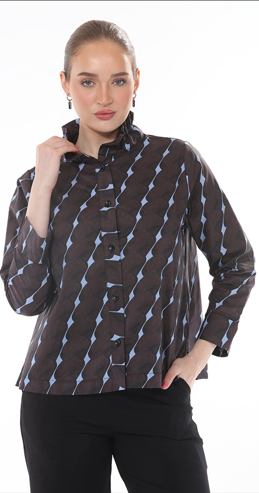 T1-4719 #1 Blue: Long Sleeve Button-down jacket with stand up collar and black and blue print